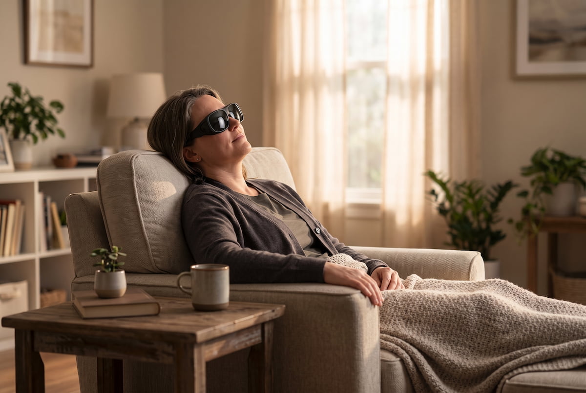 Paciente con gafas protectoras descansando en casa como parte de los cuidados después de una cirugía LASIK.